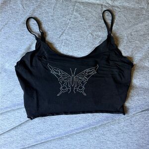 Source Unknown Black Rhinestone Butterfly Crop Tank
